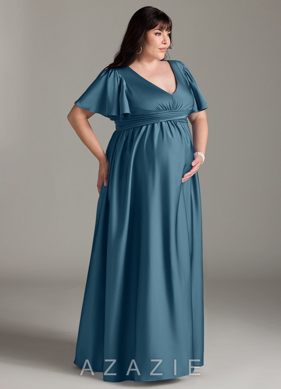 Azazie Verna A-Line Ruched Stretch Satin Floor-Length Dress bermuda