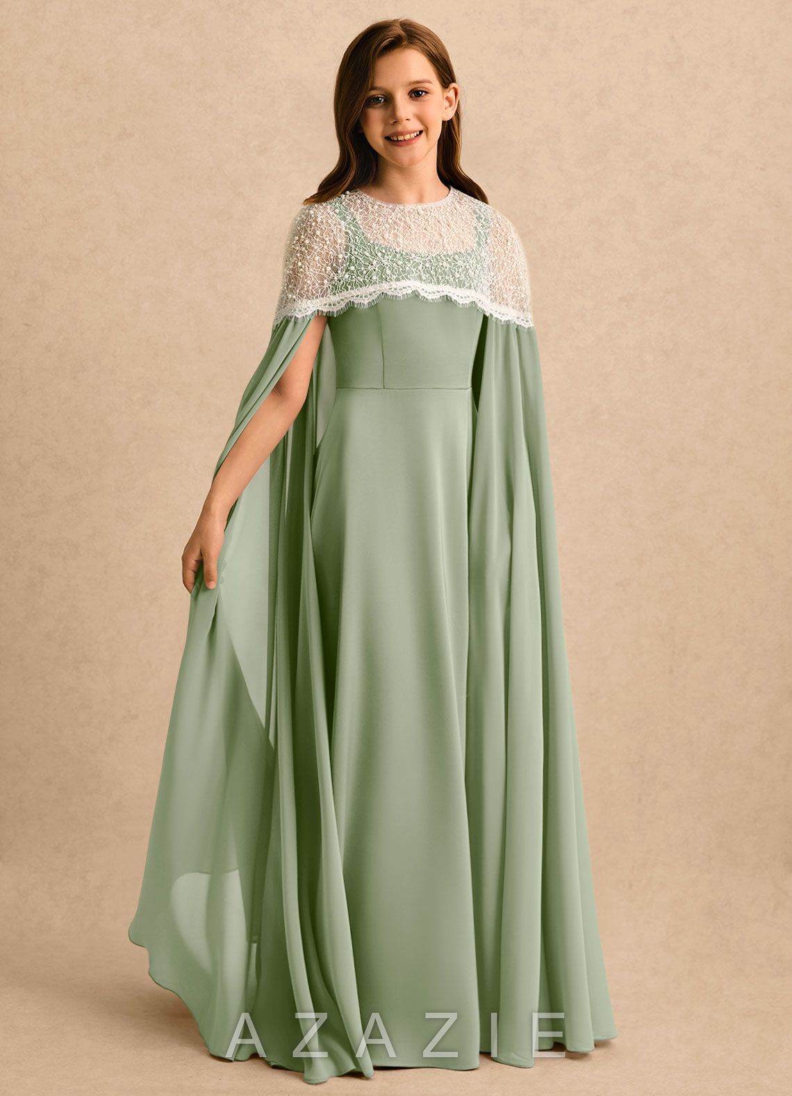 Azazie June Girls Formal Dusty Sage A-Line Lace Stretch Satin Dress dusty_sage