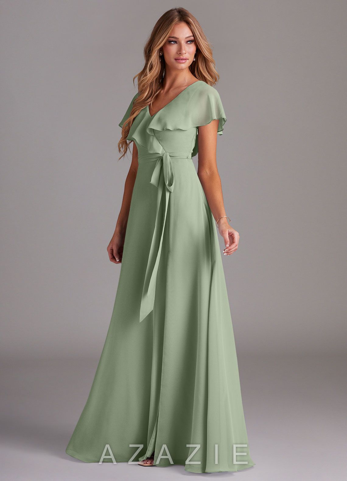 Azazie Lainey Dusty Sage A-Line with Pockets Chiffon Dress dusty_sage