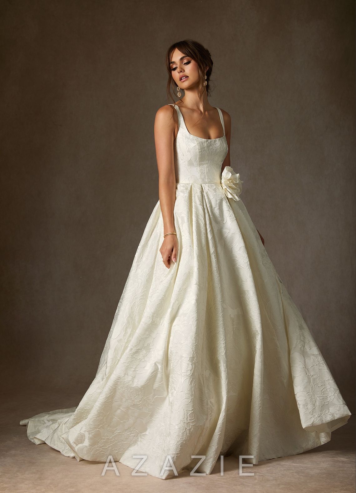 Azazie Ruby Antique White Ball-Gown with Pockets Floral Jacquard Dress antique_white