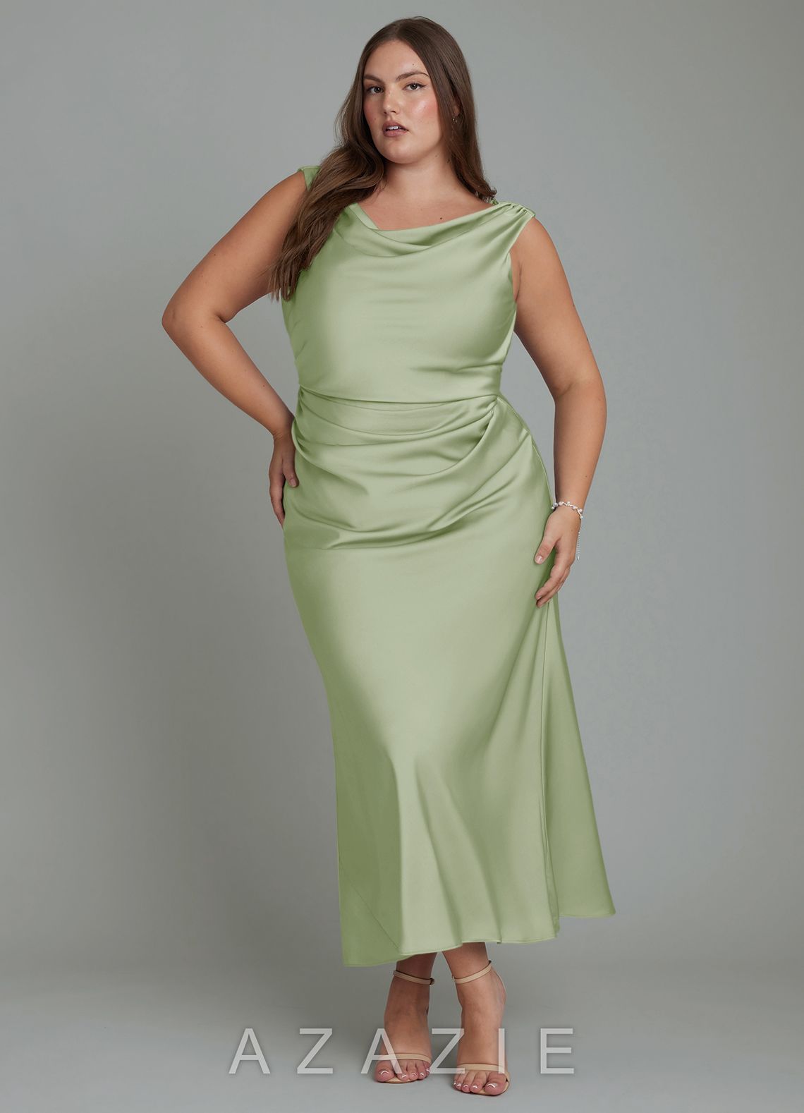 Azazie Kieryn Dusty Sage Mermaid Pleated Stretch Satin Dress dusty_sage