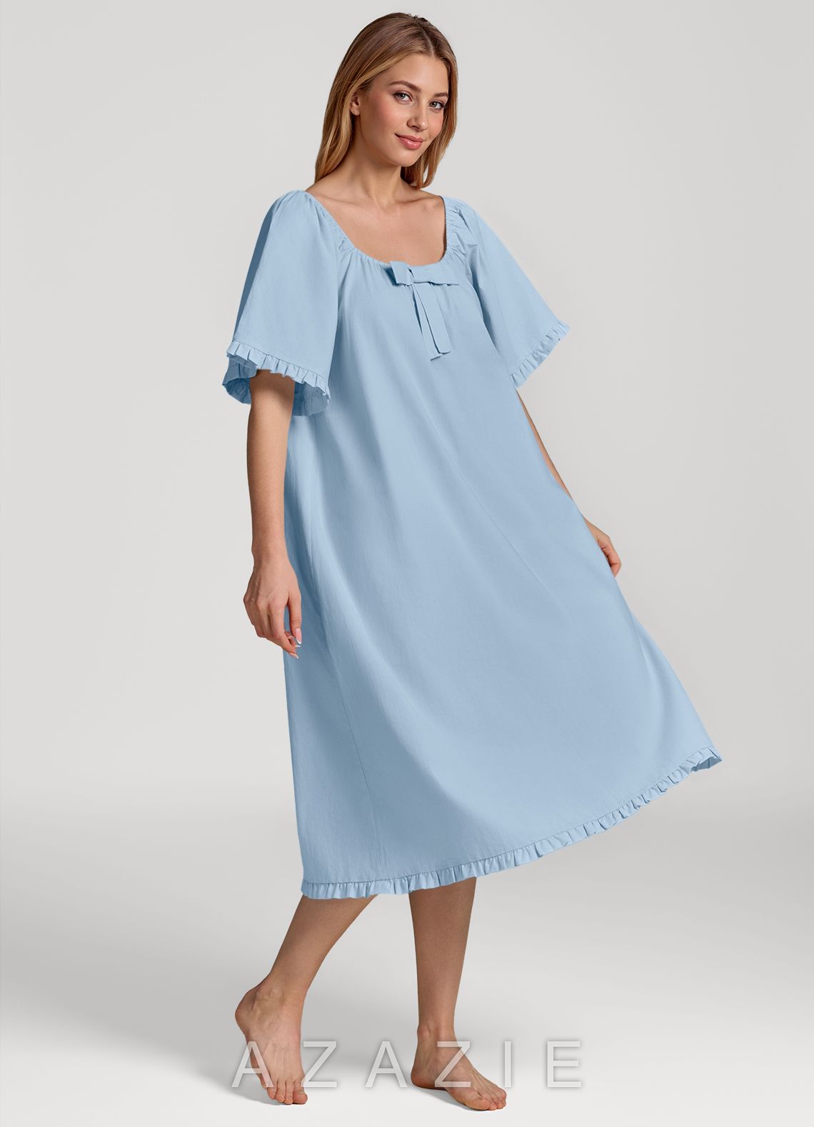 Ruffled Bow Short Sleeve Cotton Pajama Dress  sky_blue