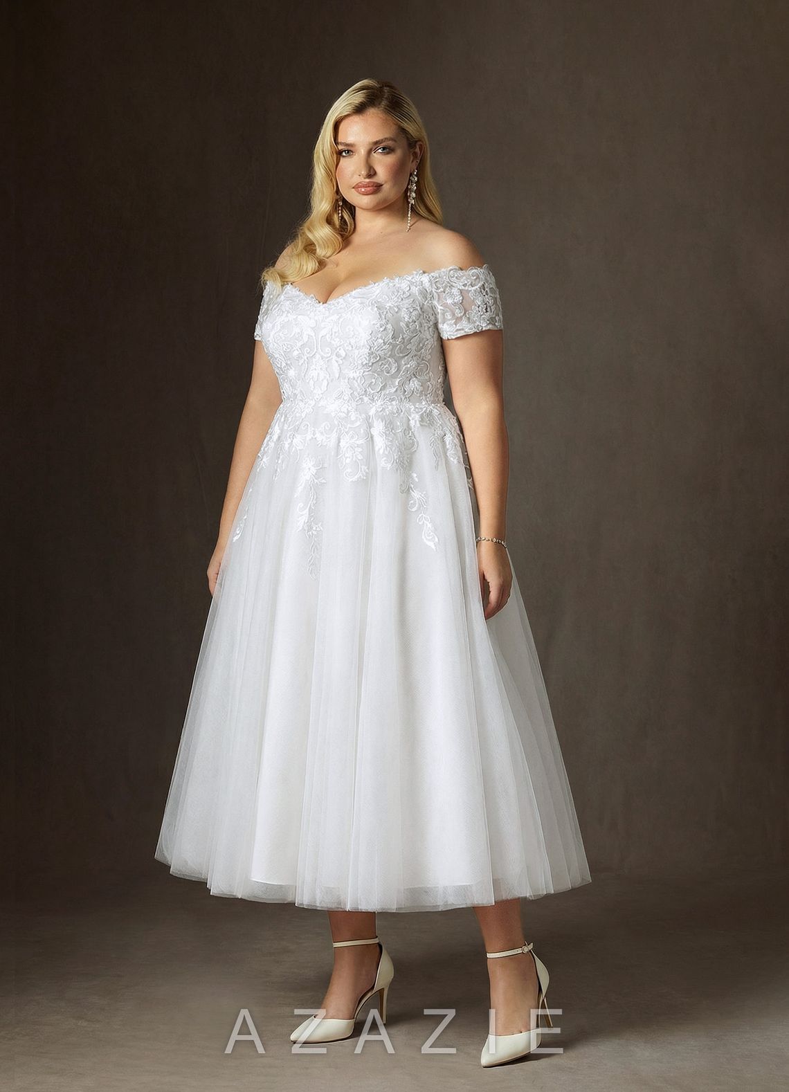 Azazie Rowe Diamond White A-Line Off the Shoulder Lace Dress diamond_white