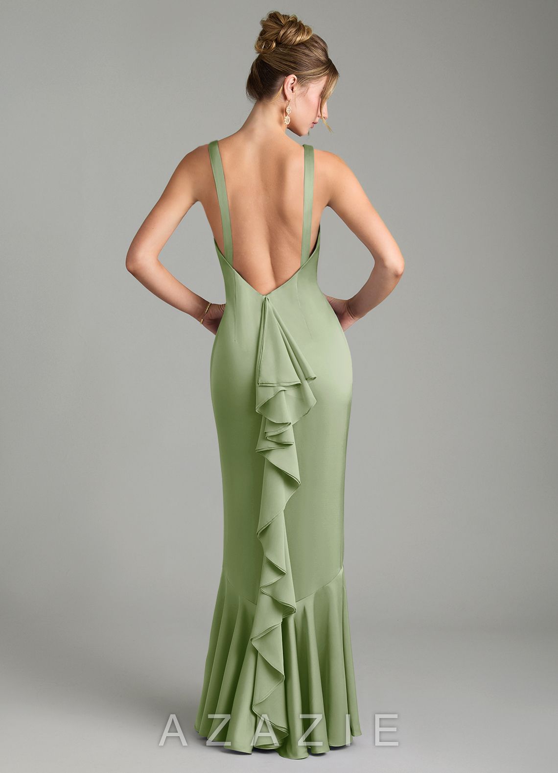 Azazie Tamera Dusty Sage Mermaid Pleated Stretch Satin Dress