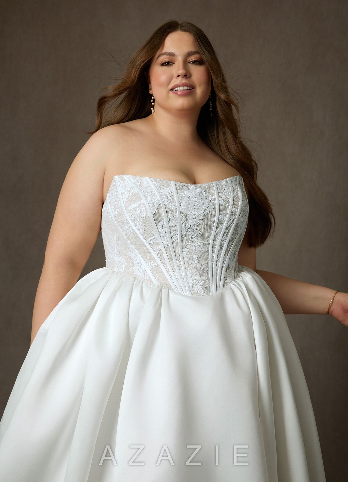 Azazie Mirabeth Diamond White Ball-Gown Strapless Lace Dress diamond_white