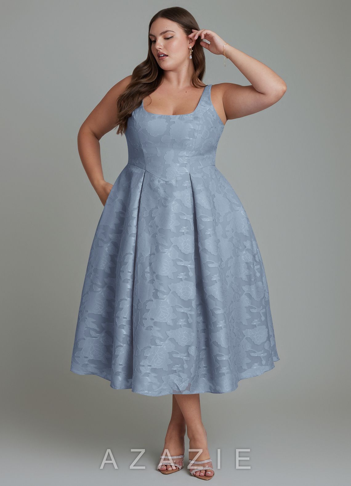 Azazie Amalie Dusty Blue A-Line Pleated Floral Burnout Dress dusty_blue