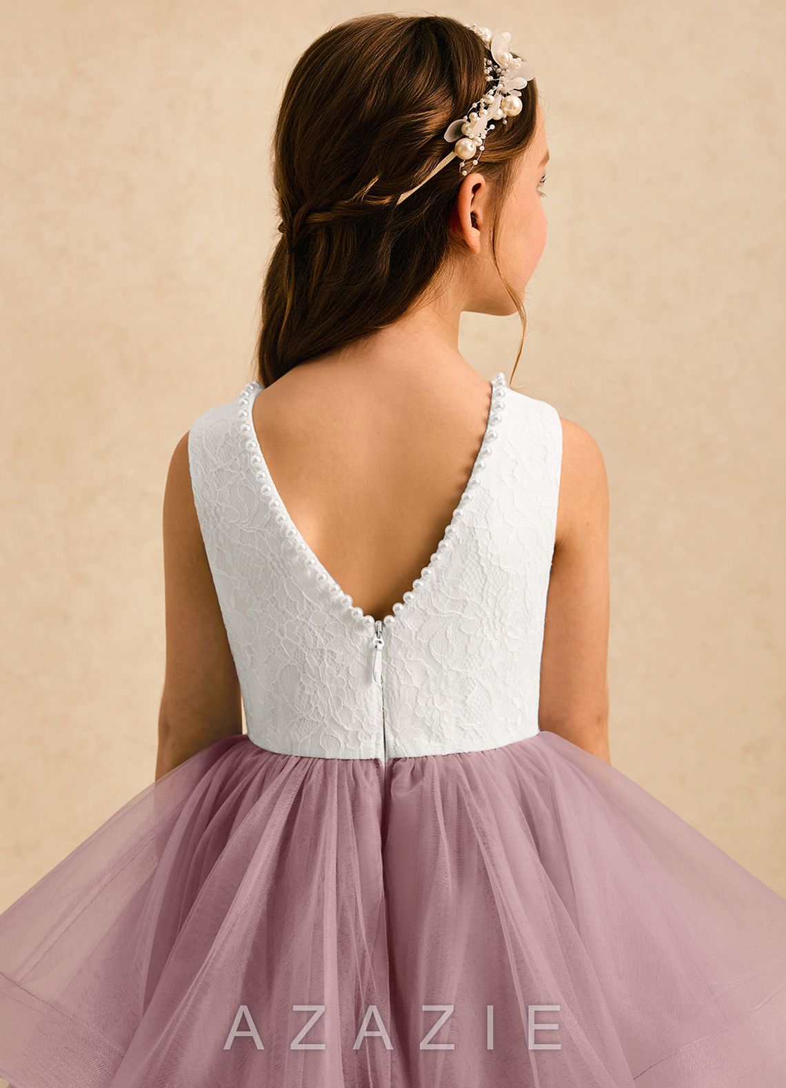 Azazie Madison Ivory Dusty Rose Ball-Gown Lace Tulle Dress ivory/dusty_rose