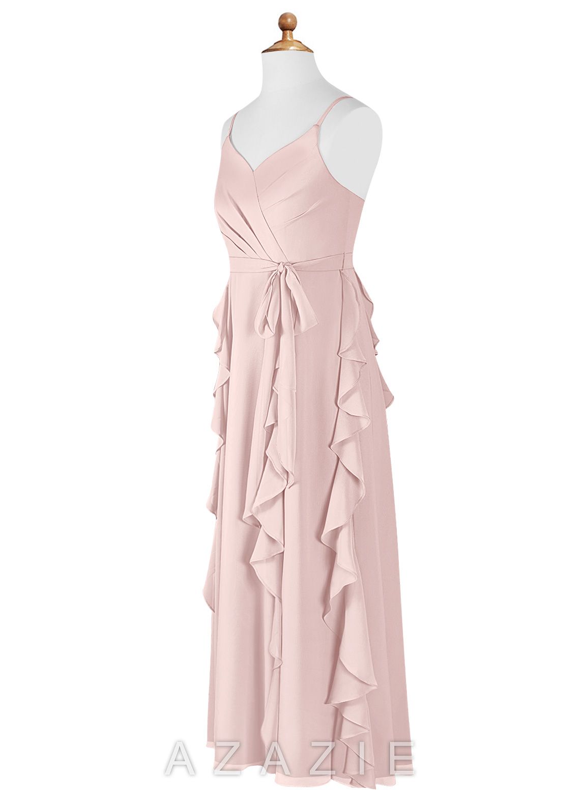 Azazie Peyton Junior Blushing Pink A-Line V-Neck Cascading Ruffles Chiffon Dress blushing_pink