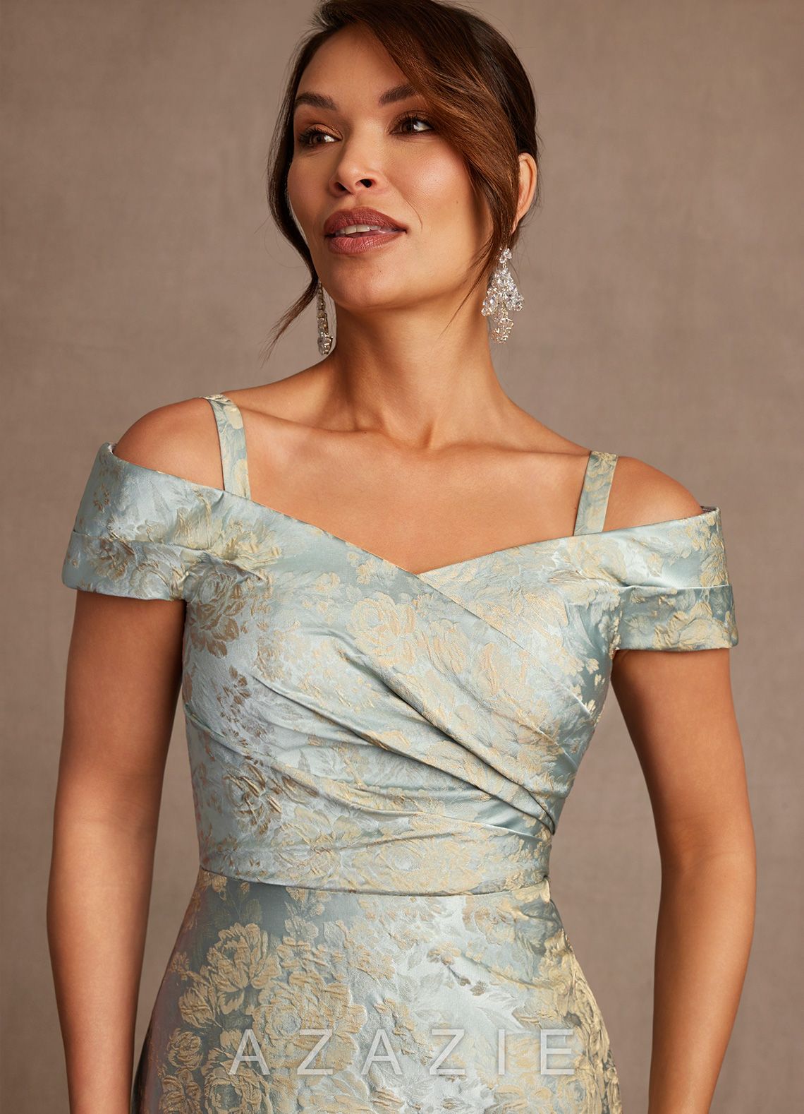 Azazie Beatrix Vintage Blue A-Line Off the Shoulder Floral Jacquard Dress vintage_blue