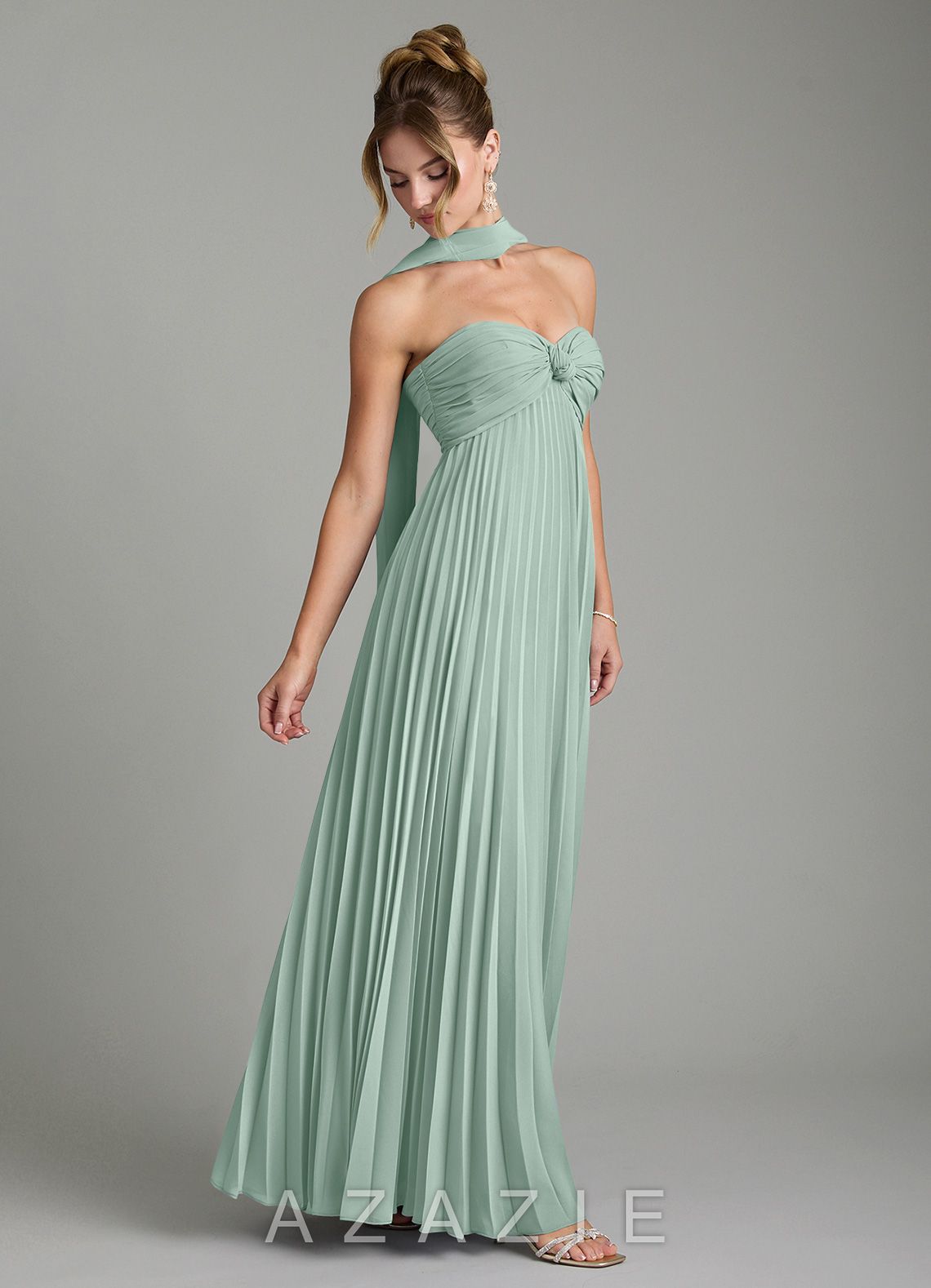 Azazie Tempest Agave Empire Corset Chiffon Convertible Dress agave