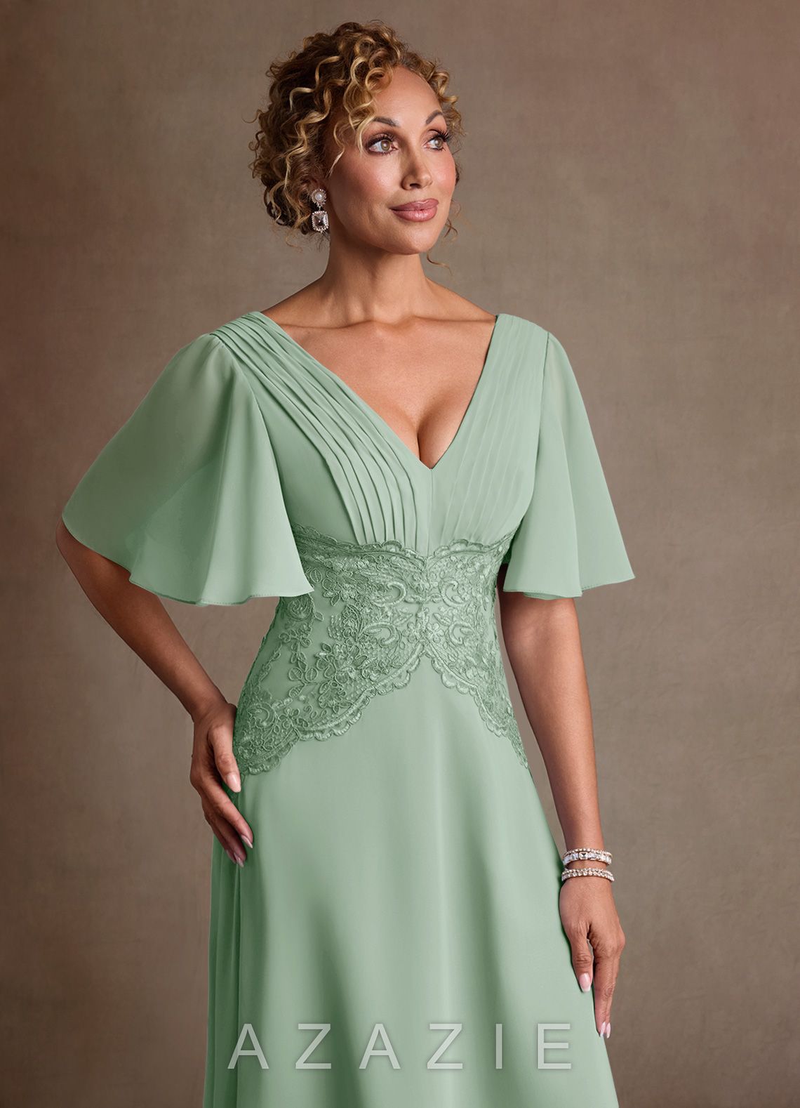 Azazie Milliat Agave A-Line Lace Chiffon Dress agave