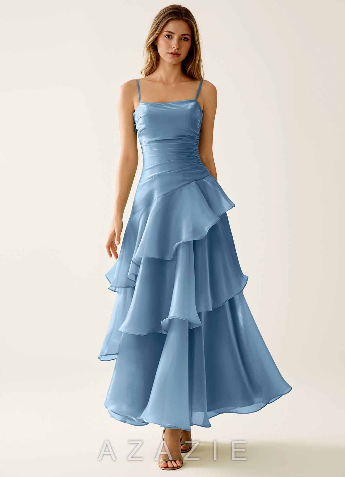 Nicola Mint Blue Satin Ruffled A-line Vacation Midi Dress