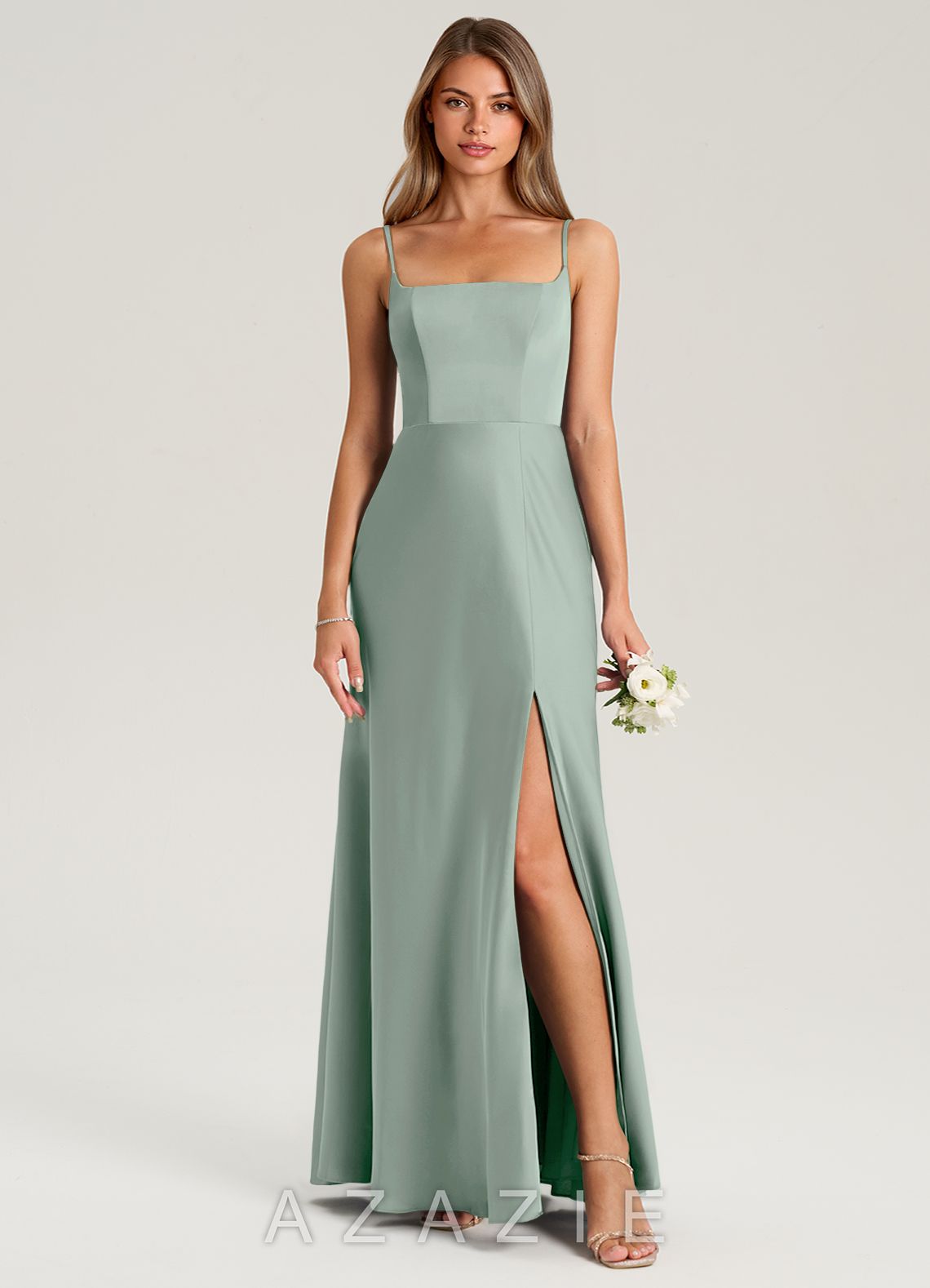 Azazie Lidia Agave Mermaid Side Slit Stretch Satin Dress agave