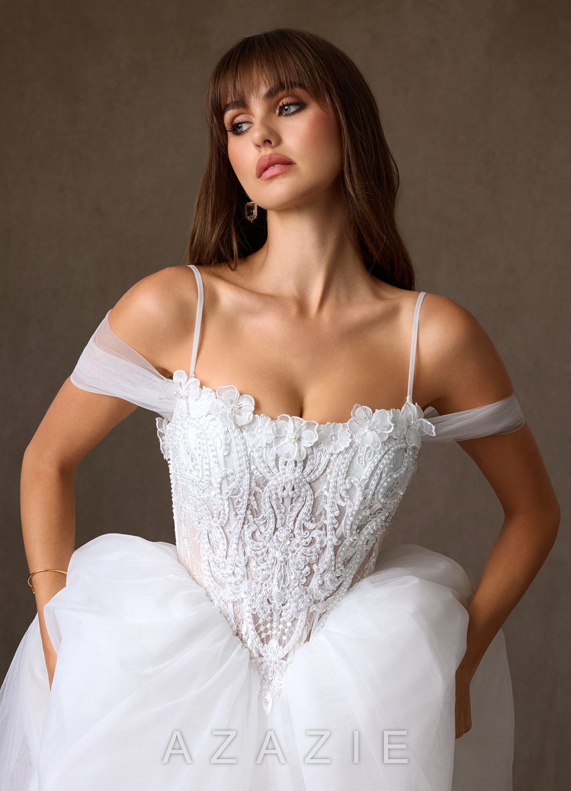 Azazie Sariyah Diamond White Ball-Gown Off the Shoulder Tulle Dress