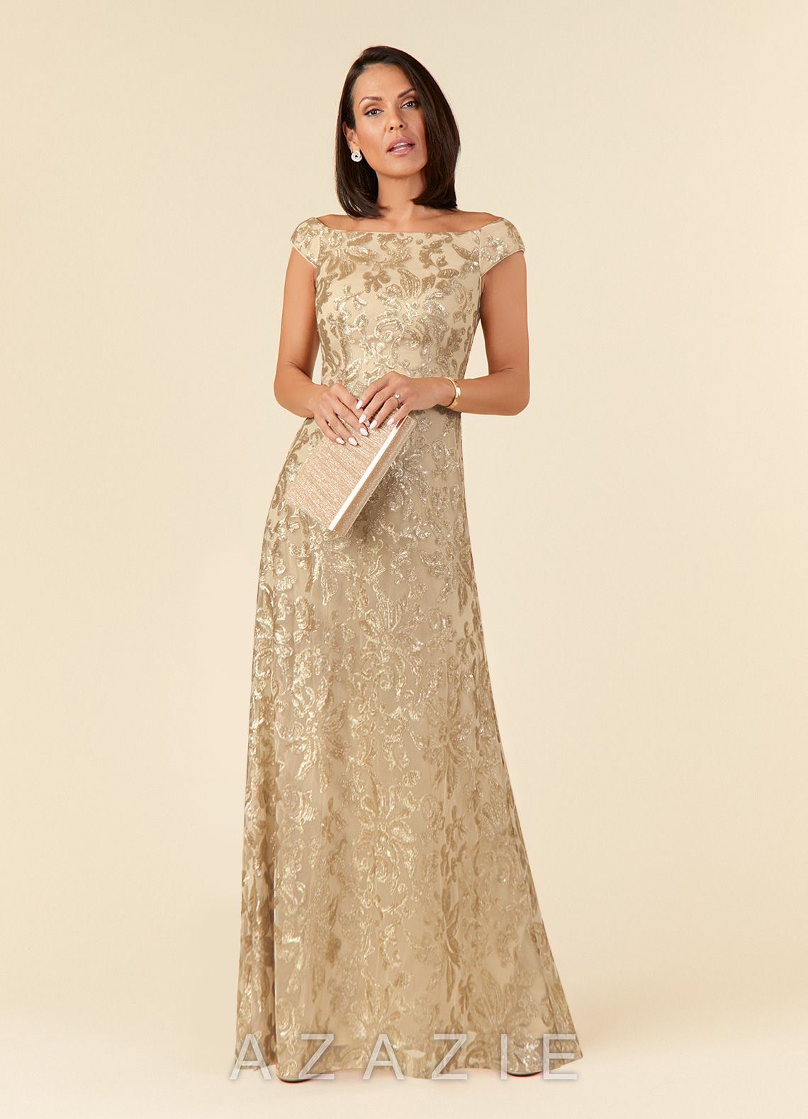 Azazie Porcelain Champagne A-Line Off the Shoulder Lace Dress champagne