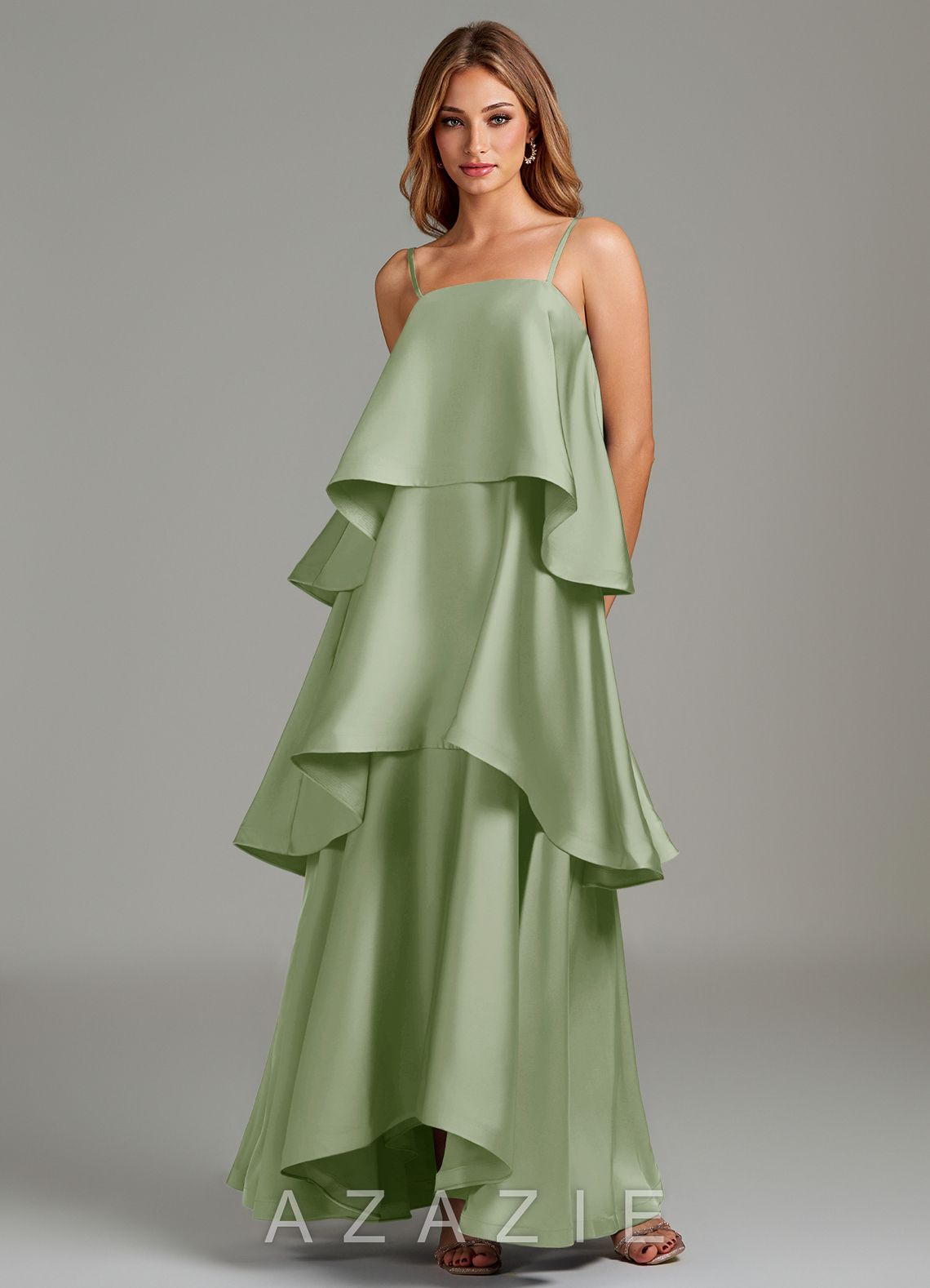 Azazie Azalea Dusty Sage A-Line Ruched Stretch Satin Dress dusty_sage