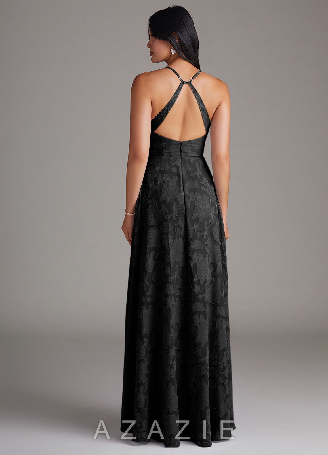 Azazie Davis Black A-Line Pleated Floral Burnout Dress black