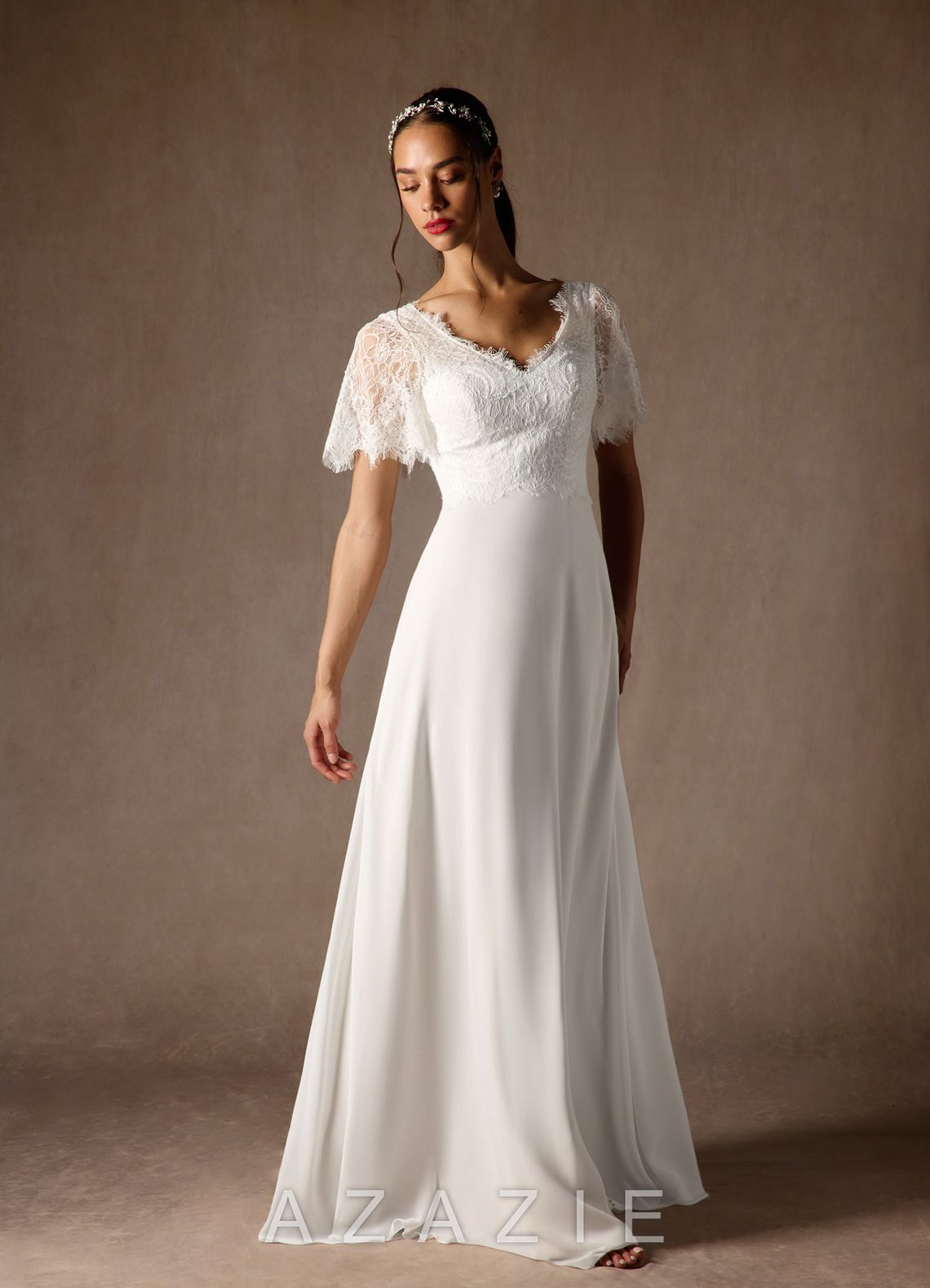 Azazie Veradis Wedding Dress Diamond White A-Line V-Neck lace Chiffon Dress diamond_white