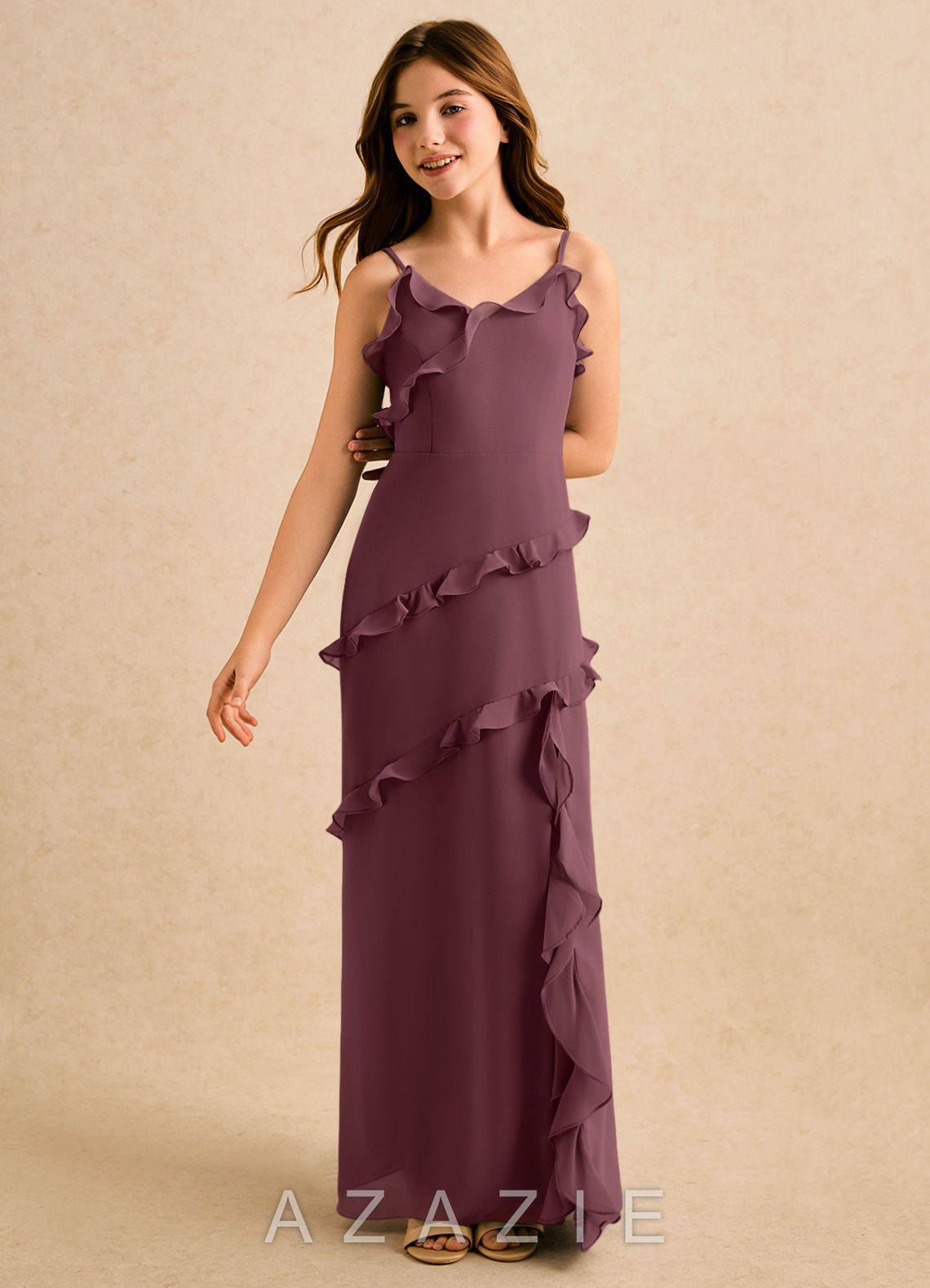 Azazie Lola Girls Formal Sangria A-Line Ruched Chiffon Dress