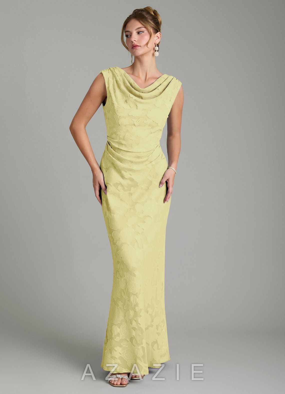 Azazie Kieryn Lemon Sorbet Mermaid Pleated Floral Burnout Dress lemon_sorbet