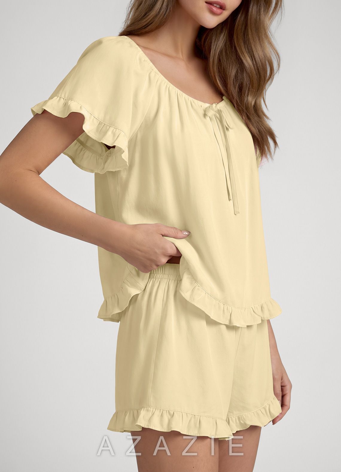 Ruffled Bow Short Sleeve Cotton Pajama Set