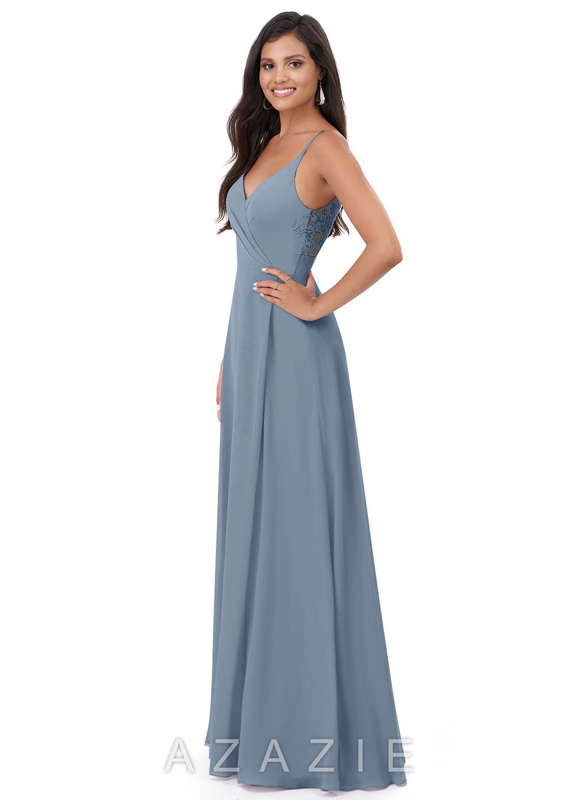 Azazie Lennon Dusty Blue A-Line Lace Chiffon Dress dusty_blue