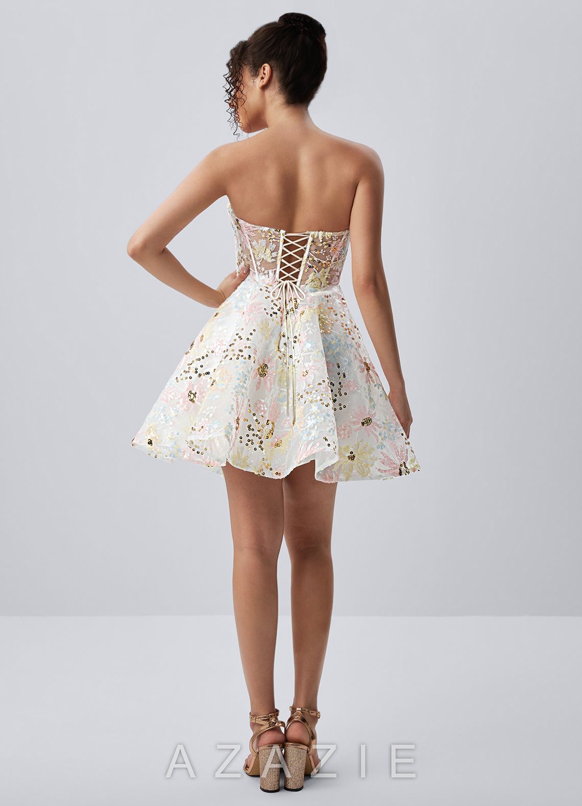 Julienne Ivory Strapless Floral Sequin Corset Skater Mini Dress