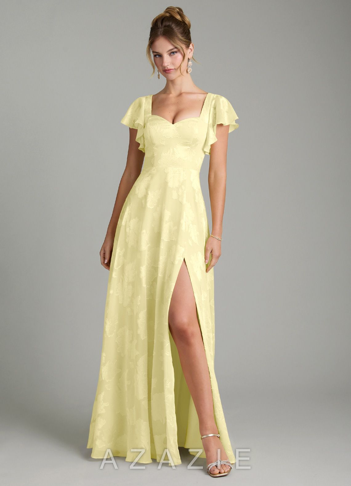 Azazie Bondi Lemon Sorbet A-Line Ruched Floral Jacquard Burnout Dress