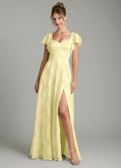 Azazie Bondi Lemon Sorbet A-Line Ruched Floral Jacquard Burnout Dress