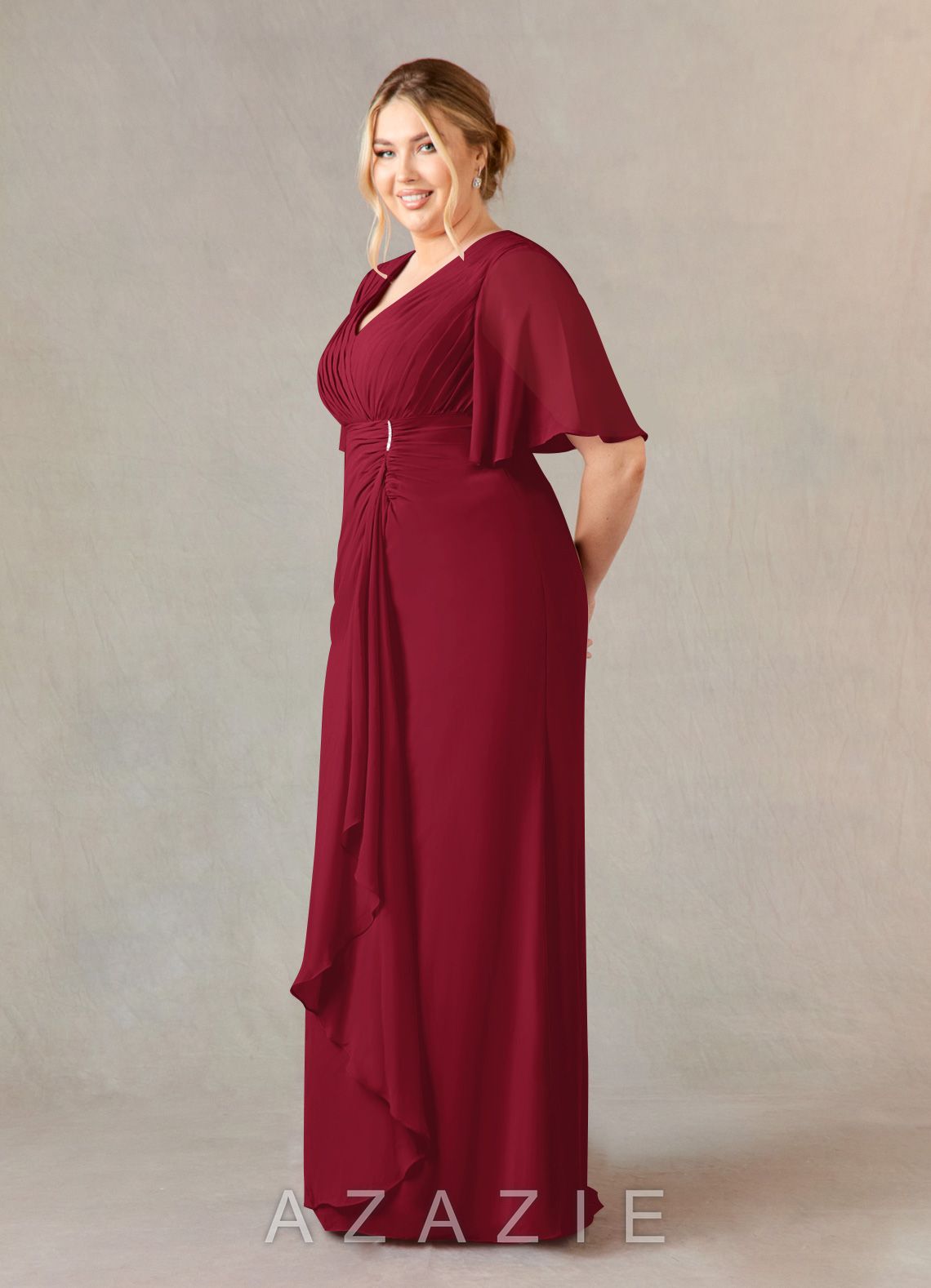 Azazie Carson Burgundy A-Line V-Neck Lace Chiffon Dress burgundy
