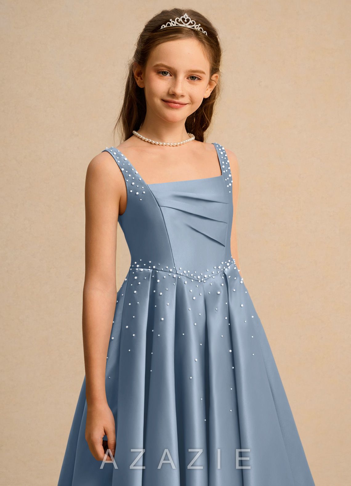 Azazie Mochi Girls Formal Dusty Blue Ball-Gown Pleated Matte Satin Dress dusty_blue