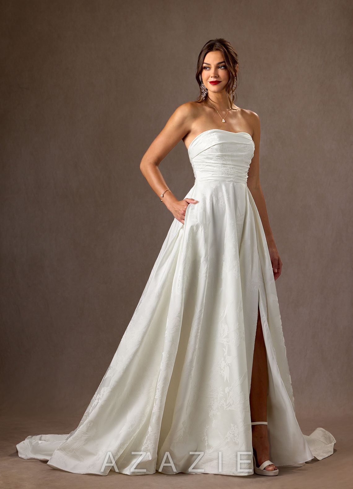 Azazie Daliah Diamond White A-Line Strapless Floral Jacquard Dress