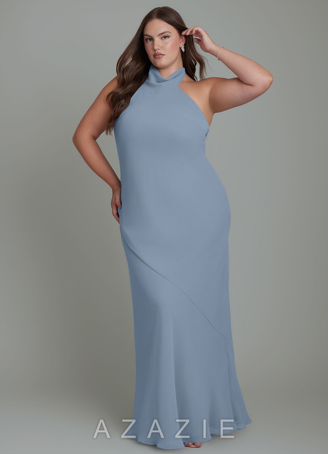 Azazie Velli Dusty Blue Mermaid High Neck Chiffon Dress dusty_blue