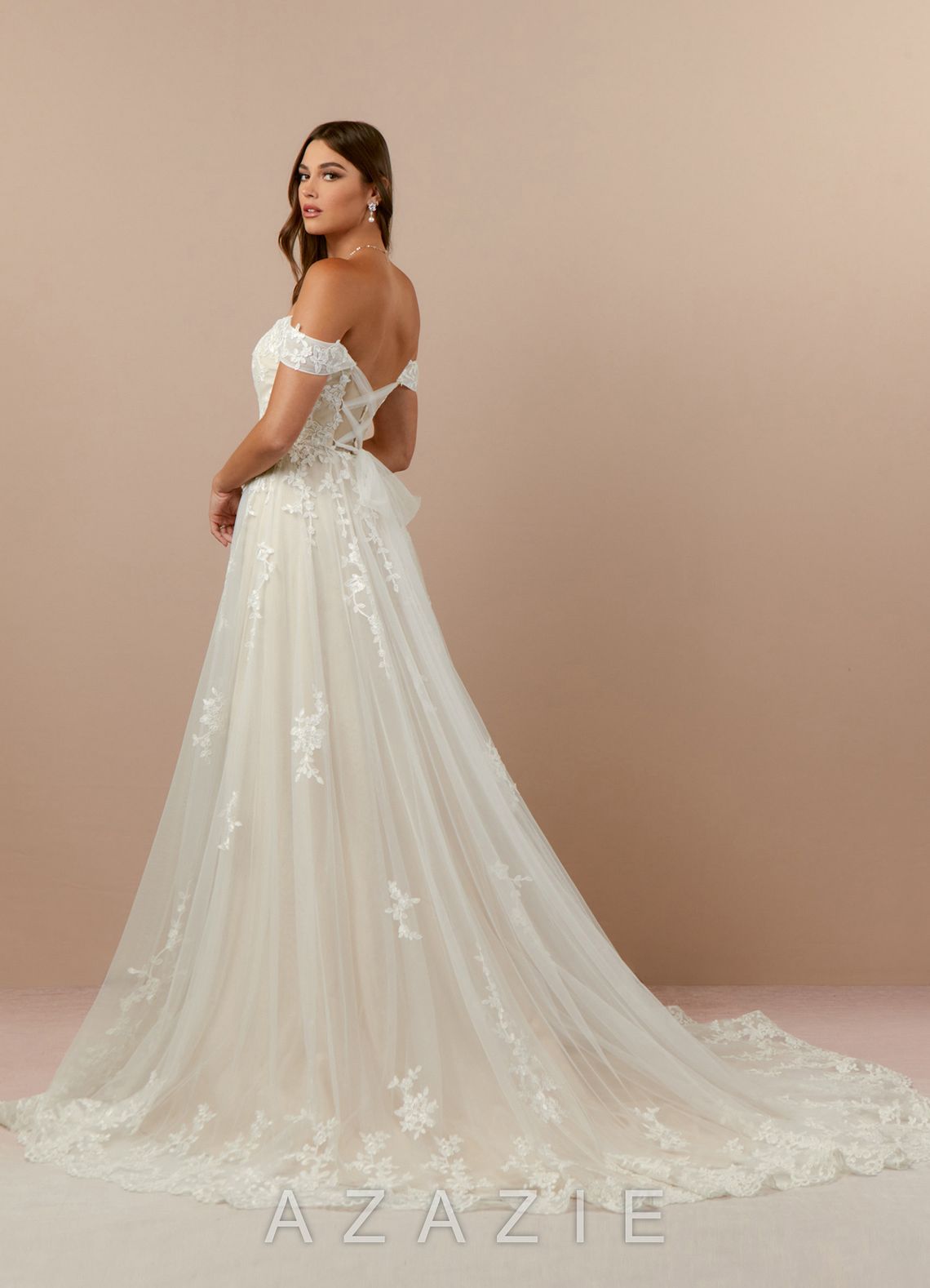 Azazie Botanica Wedding Dress Diamond White Champagne A-Line Off the Shoulder Tulle Dress