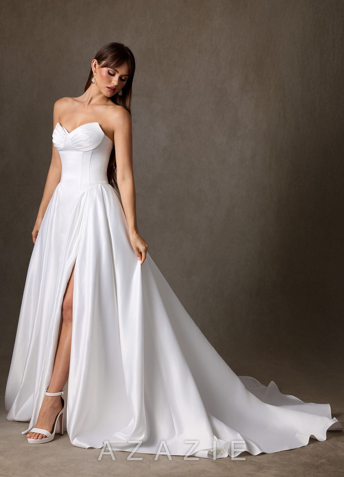 Azazie Constantina Diamond White A-Line Strapless Satin Dress diamond_white