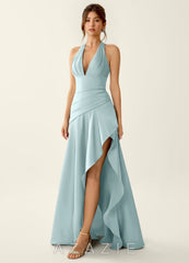 Titania Mist Satin Halter Ruffled Vacation Dress