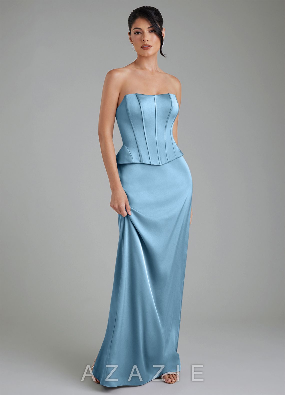 Azazie River Steel Blue Sheath Corset Stretch Satin Convertible Dress steel_blue