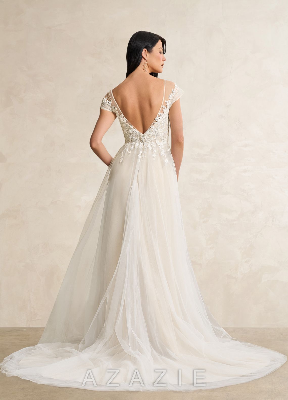 Azazie Bellisima Wedding Dress Diamond White Champagne A-Line V-Neck Tulle Dress diamond_white/champagne