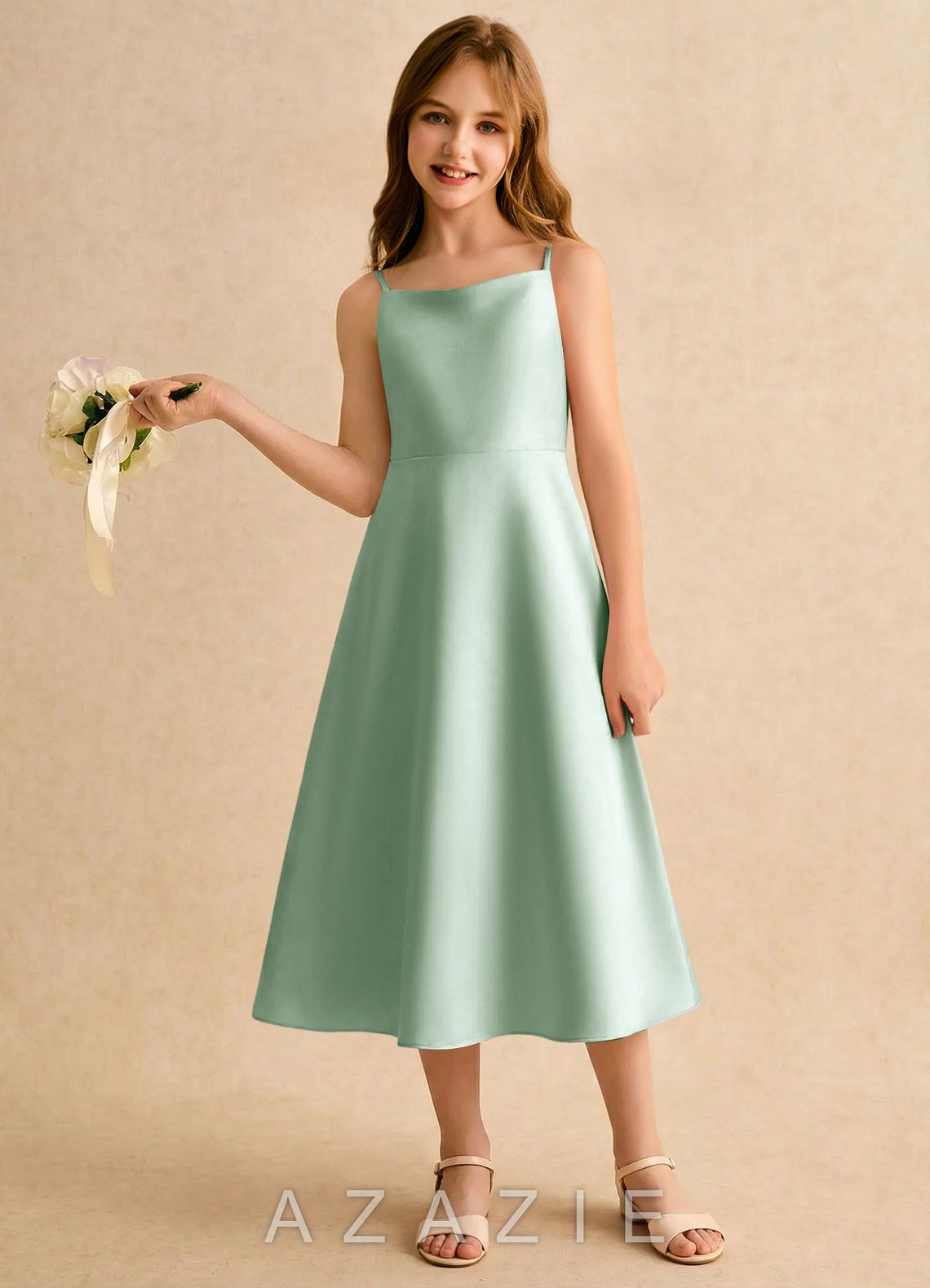 Azazie Jaella Girls Formal Agave A-Line Pleated Matte Satin Dress agave