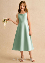 Azazie Jaella Girls Formal Agave A-Line Pleated Matte Satin Dress agave
