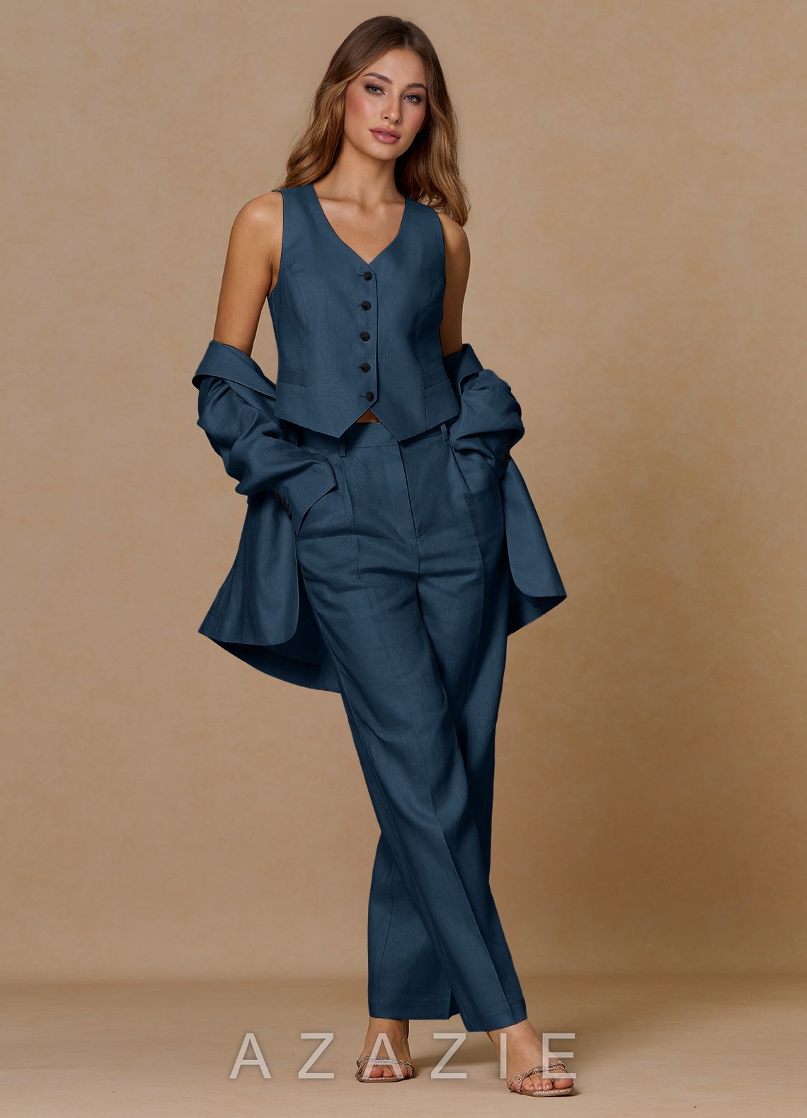 Belicia Dark Navy 100% Linen 3-Piece Suit