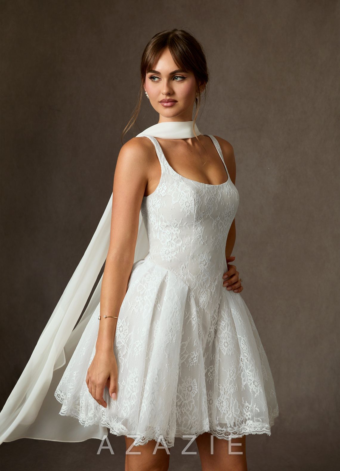 Azazie Dawn Diamond White A-Line Lace Dress