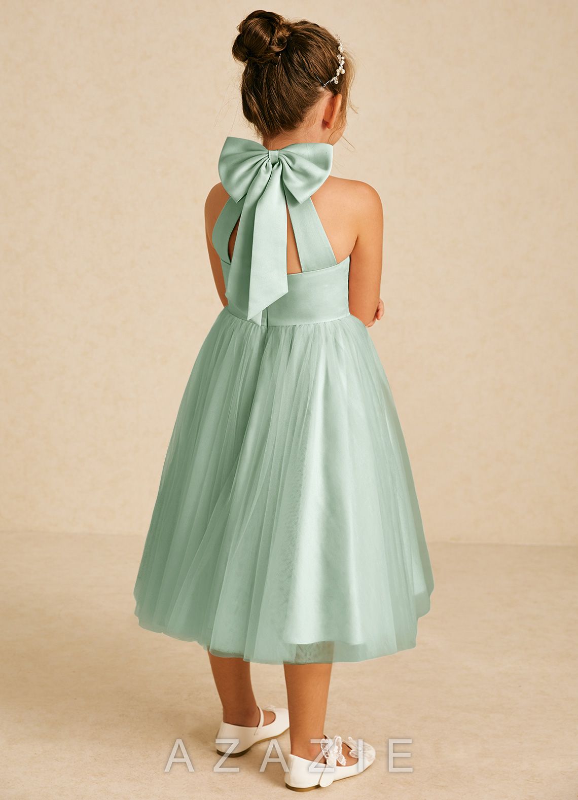Azazie Dora Agave A-Line Bow Tulle Dress