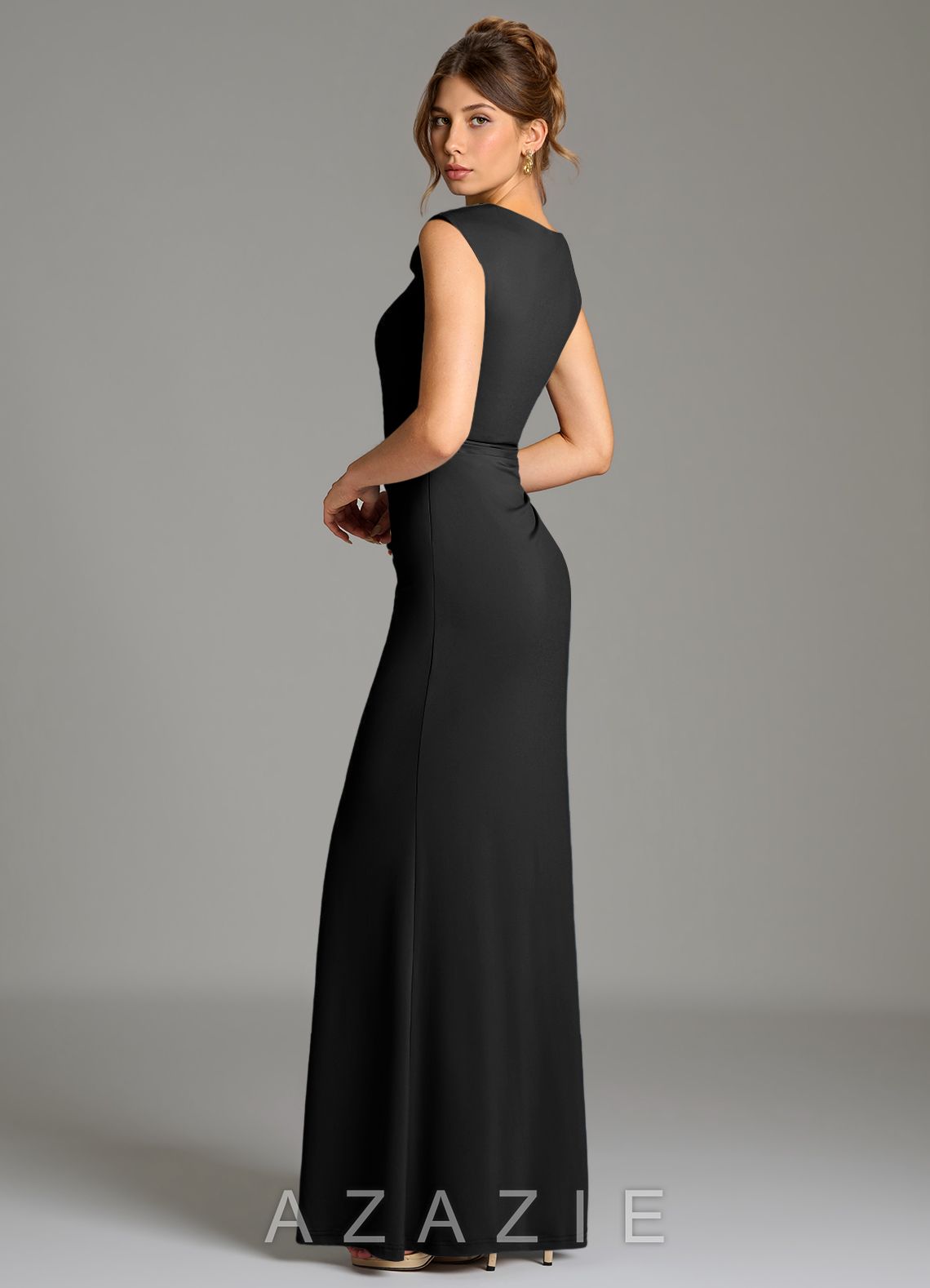 Azazie Chantal Black Mermaid Pleated Premium Stretch Jersey Dress black