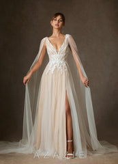 Azazie Goddess Wedding Dress Diamond White Champagne A-Line V-Neck Sequins Tulle Dress