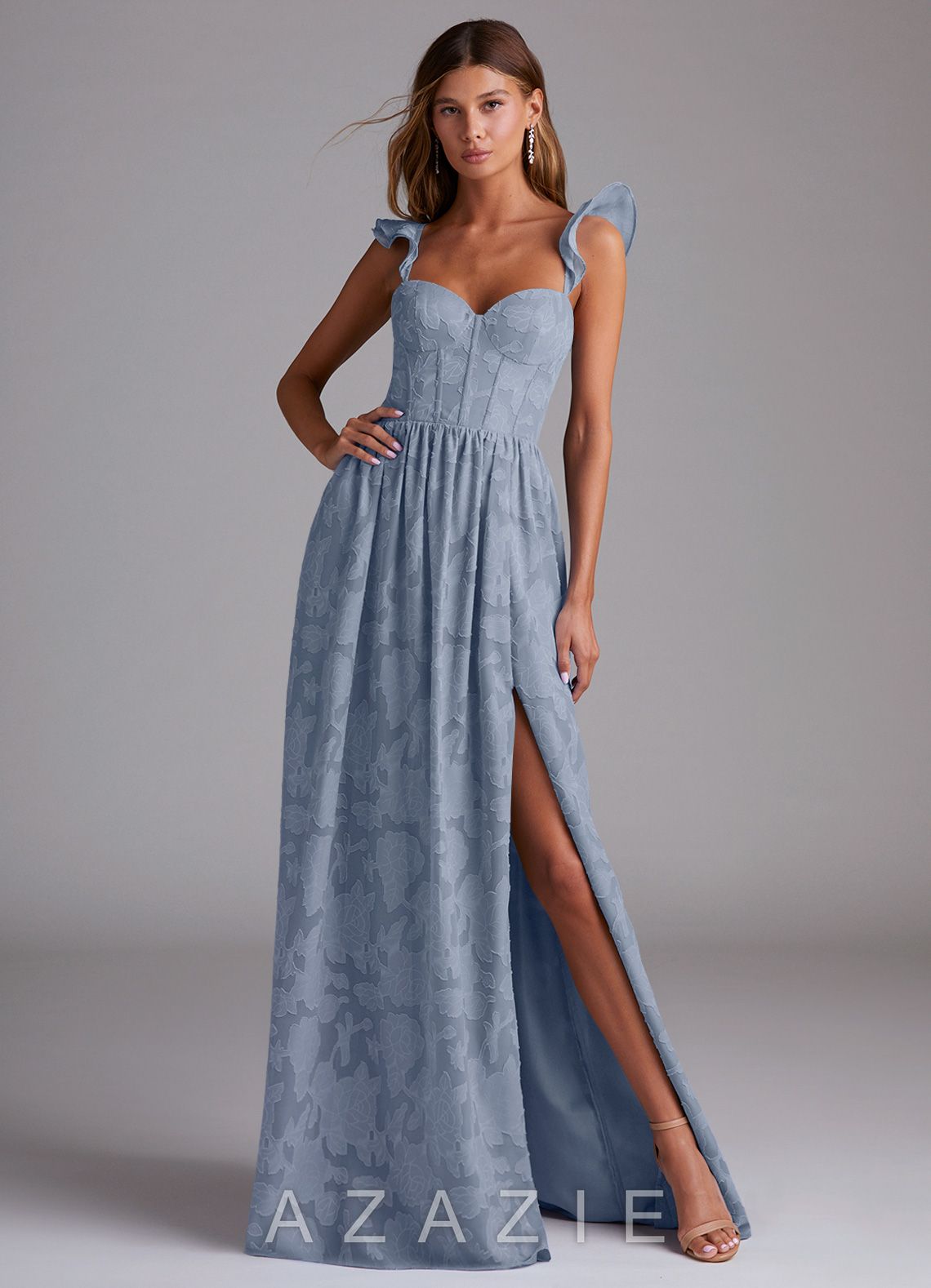 Azazie Denisse Dusty Blue A-Line Ruched Floral Burnout Dress