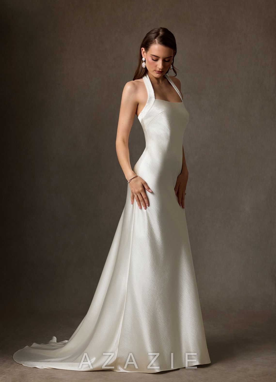 Azazie Marielle Antique White A-Line Charmeuse Dress
