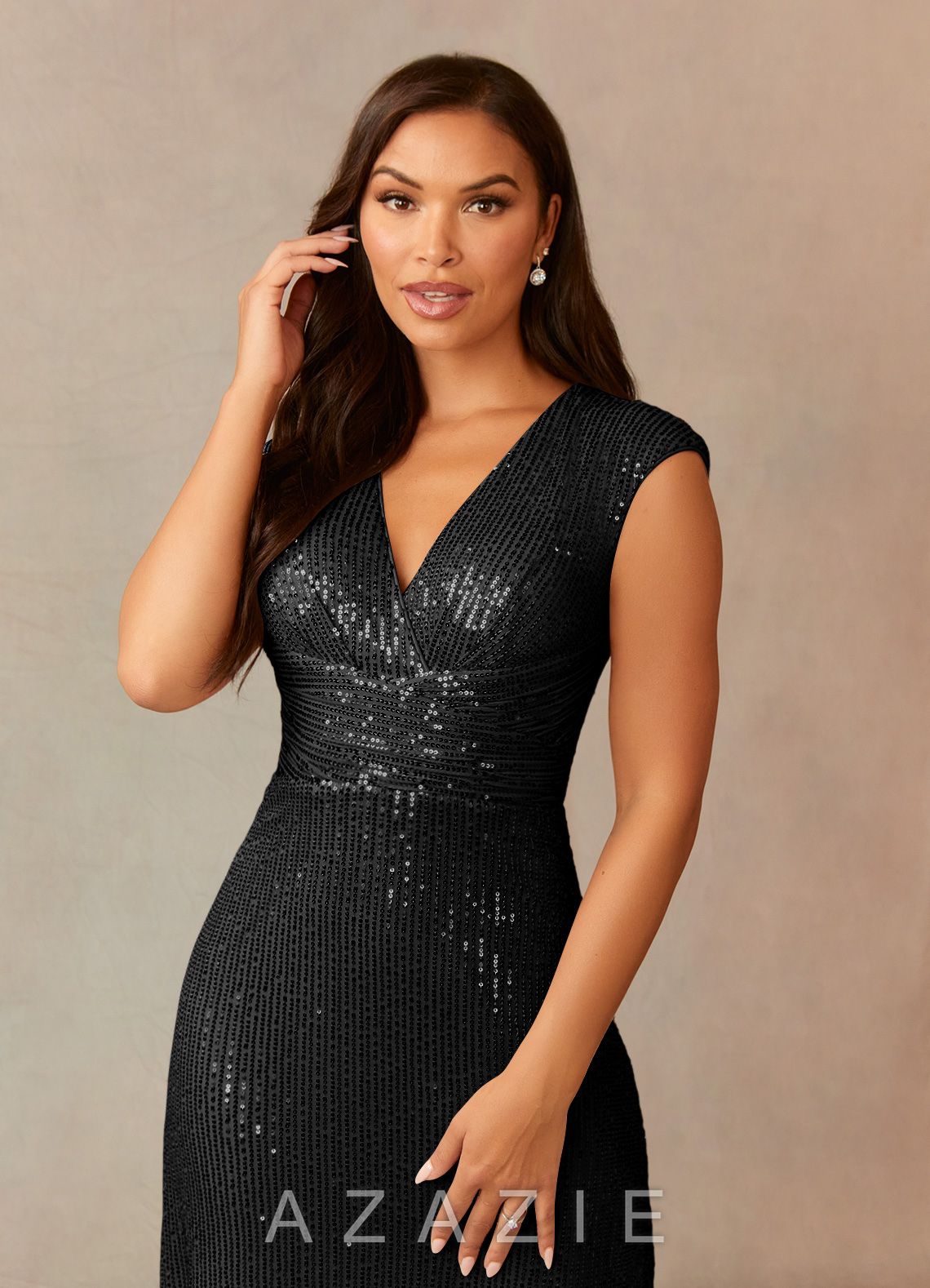 Azazie Sacramento Black A-Line Ruched Sequins Dress black