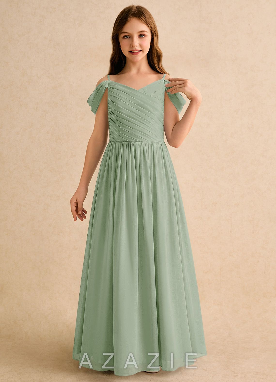 Azazie Chelo Girls Formal Dusty Sage A-Line Pleated Chiffon Dress dusty_sage