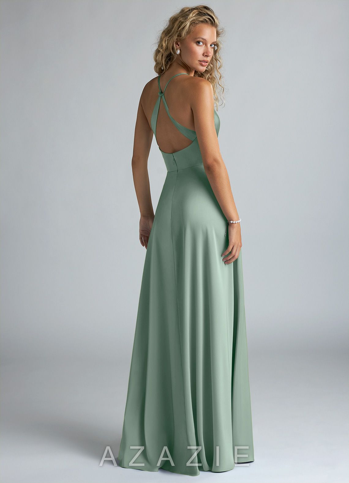 Azazie Davis Agave A-Line Pleated Stretch Satin Dress agave